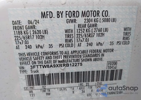 2024 Ford Maverick Xl из США, поврежденный, VIN 3FTTW8A9XRRB12275